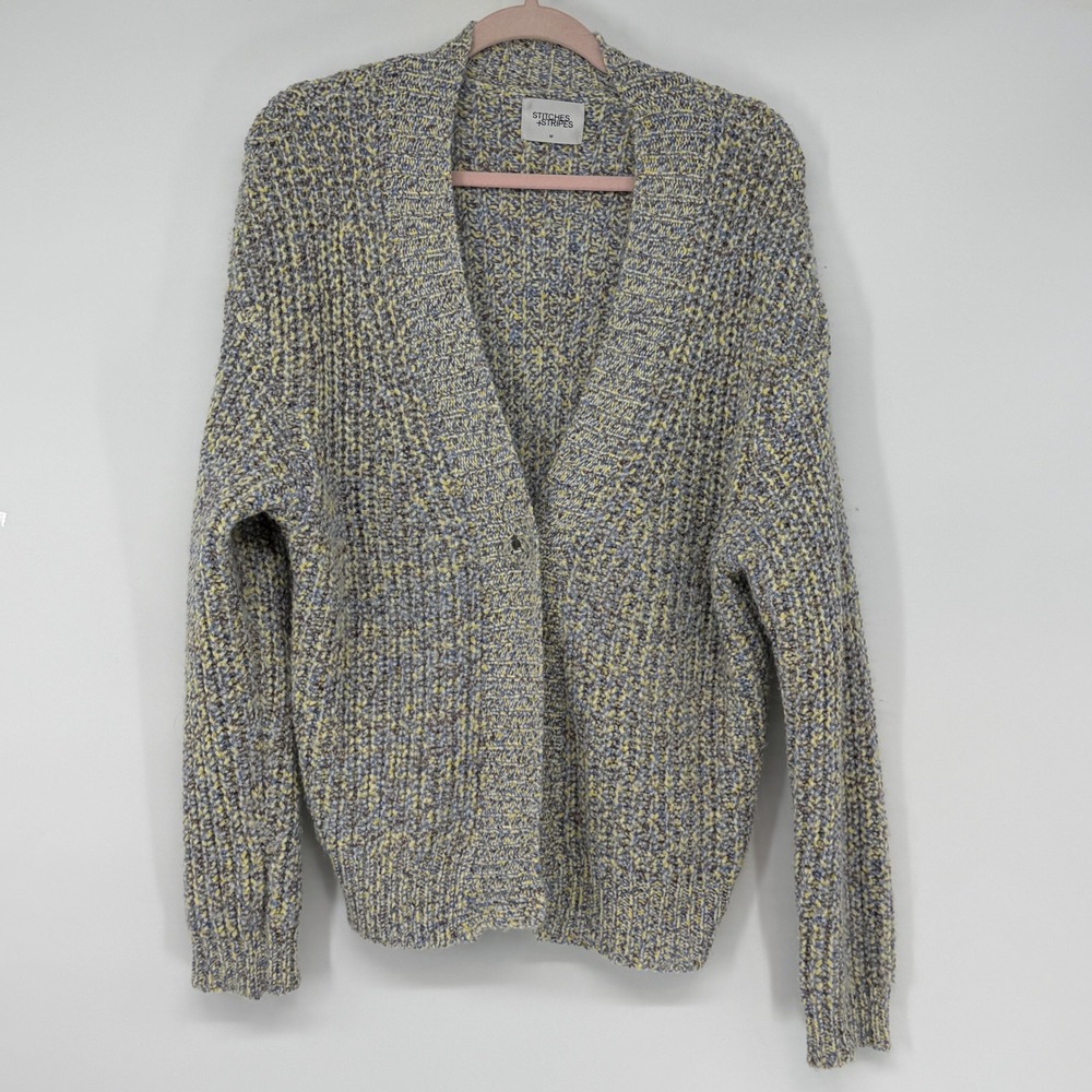 Stitches + Stripes Womens Chunky Knit Cardigan Sweater Blue Yellow M Slouchy